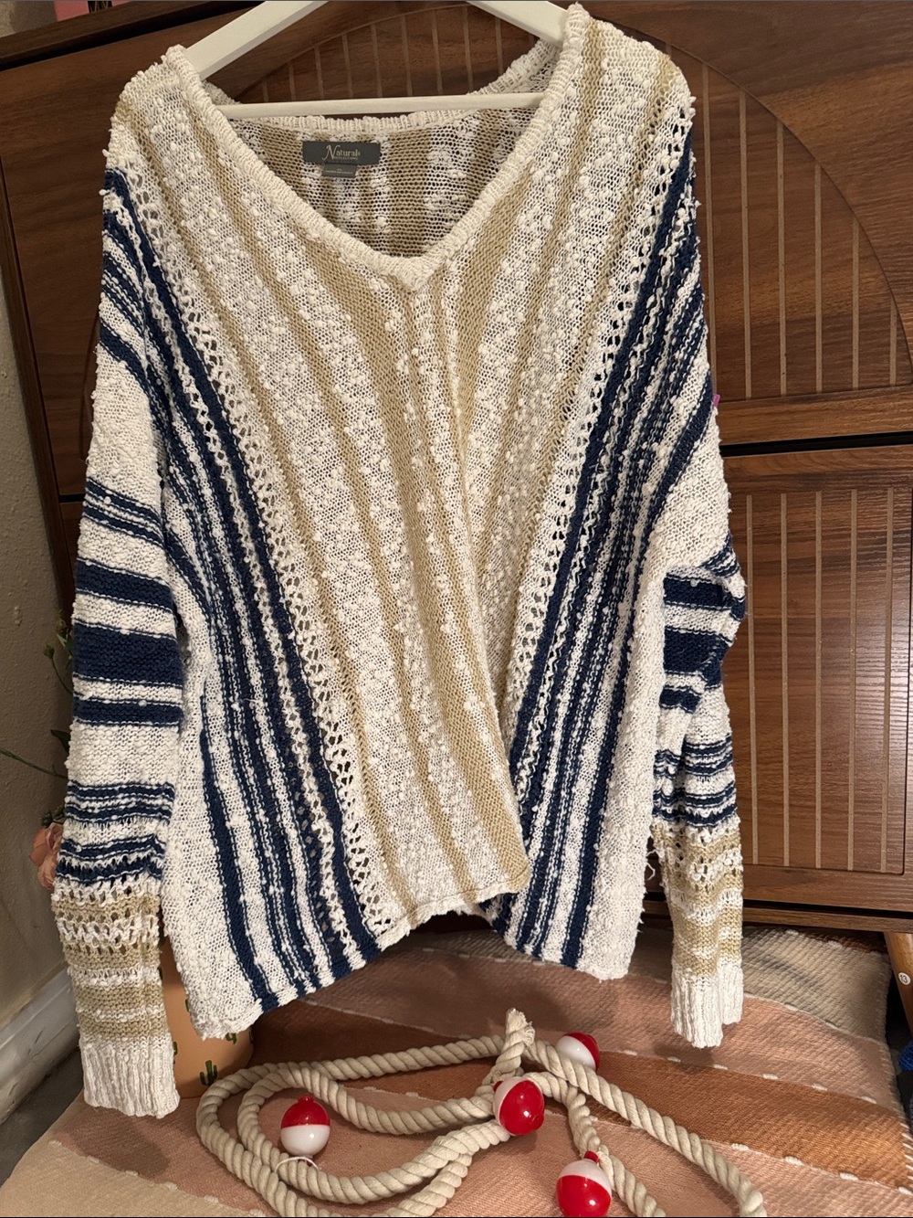 Natural Reflections Cream, Navy & Tan Striped Open-Knit V-Neck Sweater